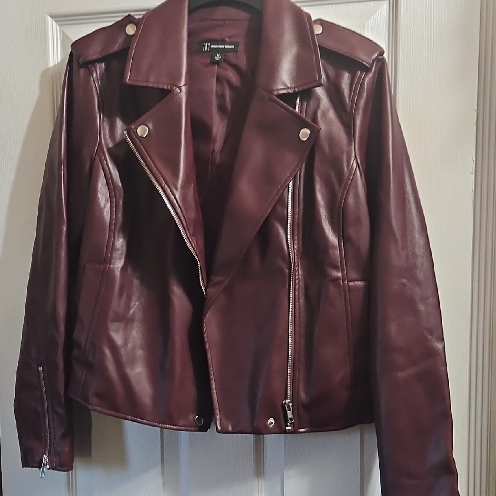 INC International Concepts Brown Leather Jacket Moto Style